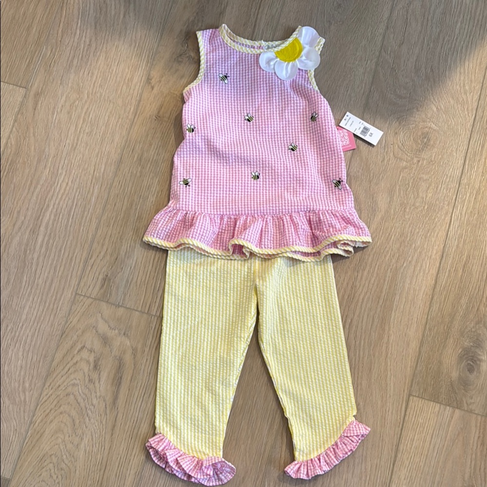 Pink and Yellow Gingham Outfit with Flower Detail